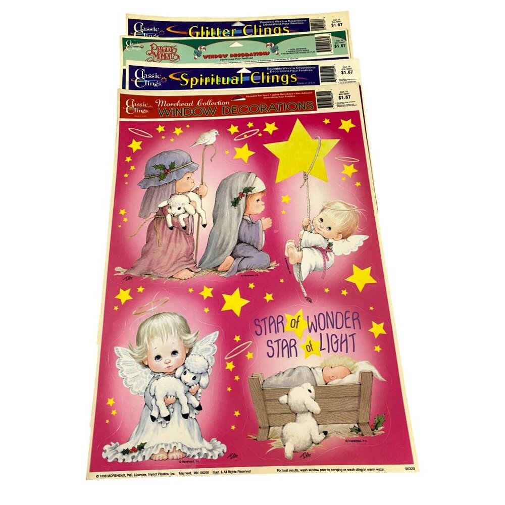 Vtg 90s Christmas Window Clings Lot‎ Winter Holiday Religious Nostalgia Ephemera